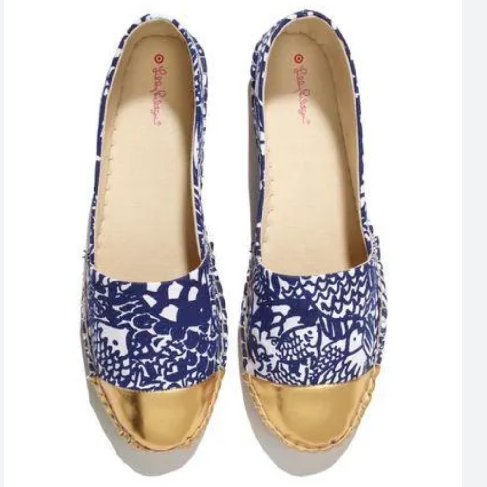Lilly Pulitzer x Target Espadrille Flats Navy White Print Gold Toe Shoes Sz 10.5